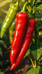 Red and green chili peppers growing on a plant in sunlight  