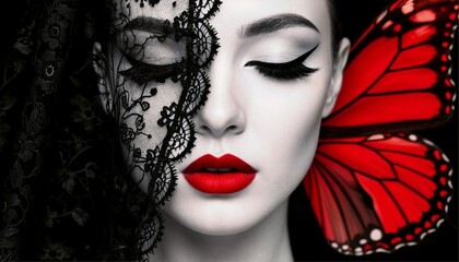 Woman with red lips and butterfly on dark background  