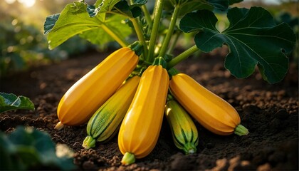 Fresh yellow zucchinis growing in garden soil under sunlight  
