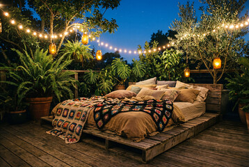 Cozy bohemian bed on a wooden deck under string lights at night. A romantic and magical outdoor retreat for glamping or a backyard staycation.