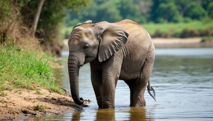 Elephant walking in water by riverbank in natural habitat  