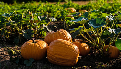 Fresh pumpkins growing in a field under bright sunlight  