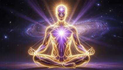 Meditating figure illuminated with glowing energy in cosmic space  