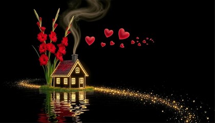 Cozy house with floral decoration and heart symbols on black background  