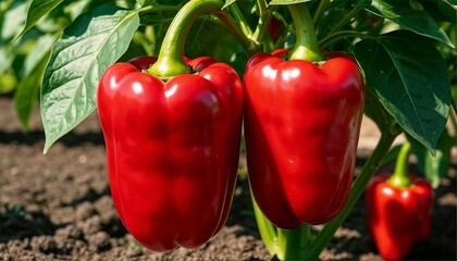 Red bell peppers growing in garden under sunlight  