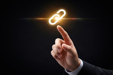 A hand pointing to a glowing link chain on a dark background