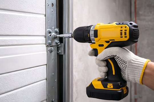 A person using a cordless drill to install a garage door handle