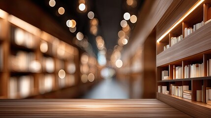 Books are arranged neatly on wooden shelves in a library. A warm light illuminates the space, creating a cozy atmosphere