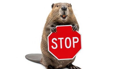 beaver holding a red stop sign, road sign, solid white background