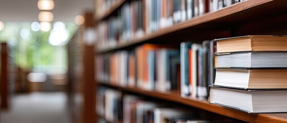Books are arranged neatly on wooden shelves in a library. A warm light illuminates the space, creating a cozy atmosphere