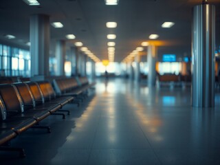 Obraz premium Empty airport departure lounge interior with rows of seats and a glossy, reflective floor. Blurred modern background lighting provides a sense of travel and anticipation.