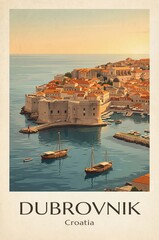 Vintage Travel Poster Illustration of Dubrovnik City Walls and Harbor