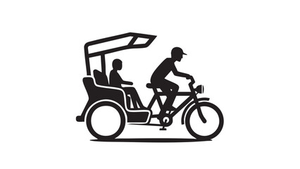 A cyclist rides a tricycle with passengers through a city street from a side view