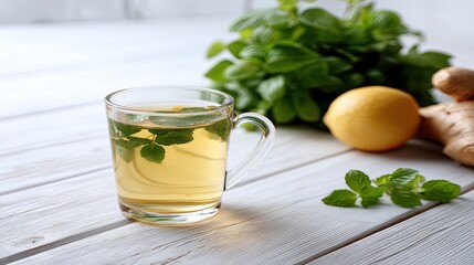 A cup of mint tea sits on a wooden table next to a lemon and ginger, with mint leaves adding flavor and aroma to the scene