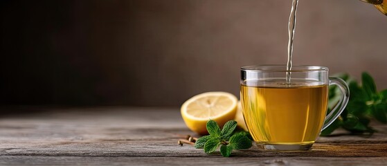 Hot tea is being poured into a clear cup beside a slice of lemon and fresh mint leaves on a wooden table in the afternoon