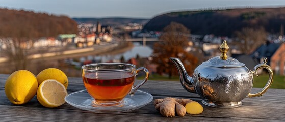 A cup of tea with lemon and ginger placed on a table overlooking a river and city during the evening