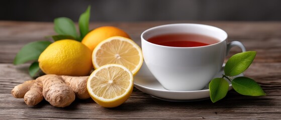 A cup of tea sits on a wooden table next to lemon, ginger, honey, and fresh mint leaves, showing a cozy setup for relaxation