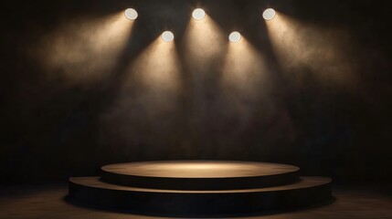 Spotlights shine on a stage podium in a dark setting ready for a presentation or performance event in a venue