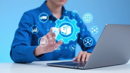 A man interacts with a digital logistics interface showing a glowing package icon.