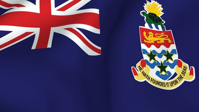 National flag of Cayman Islands with crest waving in the wind 3d illustration