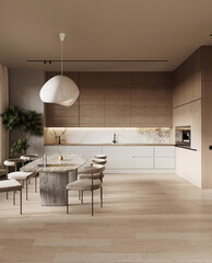 Bright open-plan kitchen with dining area, warm wood cabinetry, marble surfaces, and modern...