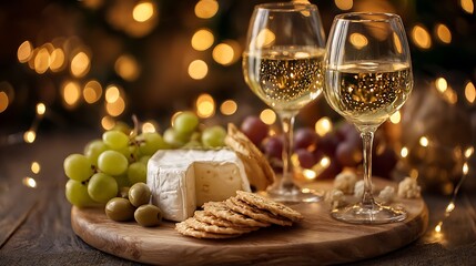 Close-up of wine glasses filled with white wine, cheese, grapes, crackers, & bokeh lights