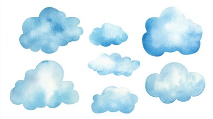 Set of watercolor clouds on a white background with different shapes and sizes providing options for design and illustration projects and creative works with a soft touch