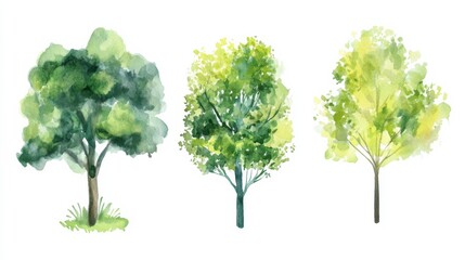 Watercolor green trees for landscape and architecture drawing in spring for environment and garden elements