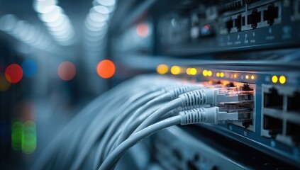 network switch with cables connected, close-up on the cables and led lights in front view in the background is an electronic server cabinet containing internet activity Generative AI