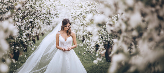 Bride in wedding dress stands in blooming apple orchard holding white bouquet. Scene symbolizing love and new beginnings in spring. Unforgettable moment of important, cherished day and fashion concept
