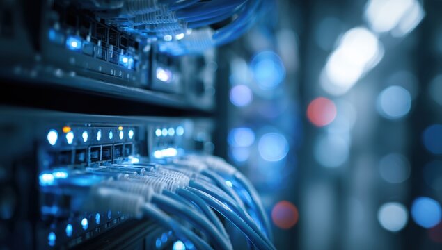 close-up of network cables and data centers, highlighting the power washing process for network equipment in an office setting Generative AI - Powered by Adobe