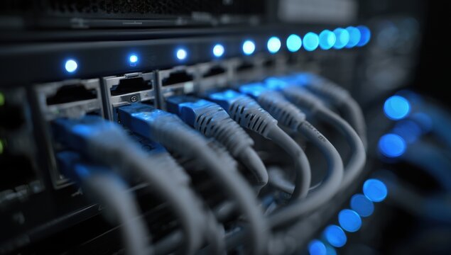 close-up of a network switch and patch cables in a data center, highlighting the interconnections on the front panel with blue lights indicating activity Generative AI - Powered by Adobe
