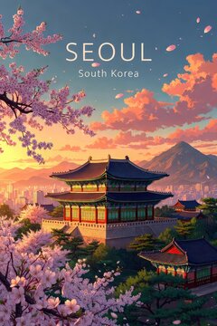 Vintage Travel Poster of Seoul, Ancient Palace and Blossoms at Sunset