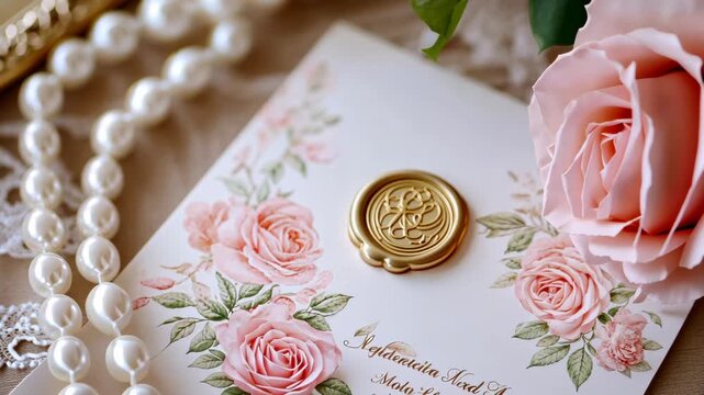 Elegant floral invitation with wax seal and pearls unveiled in soft light
