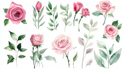 Discover a collection of watercolor pink roses with leaves and branches for botanic wedding floral design set in a garden