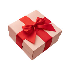 Obraz premium Pink box with a red bow on a white isolated background, a gift