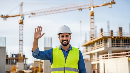 Smiling Hispanic construction worker in safety vest and hard hat waves hello at a building site, showcasing teamwork and professionalism in the construction industry