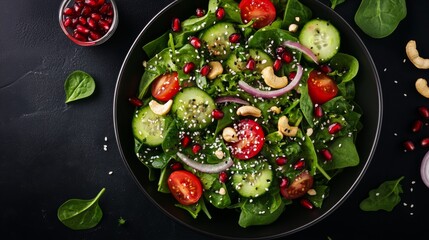 Fresh spinach salad with cucumbers, tomato, onion, pomegranate, sesame seeds and cashew nuts on black background with emphasis on health