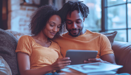 Happy young couple sitting on sofa in modern living room, using tablet together, surrounded by bright natural light from large windows, appearing relaxed yet engaged while exploring content on screen