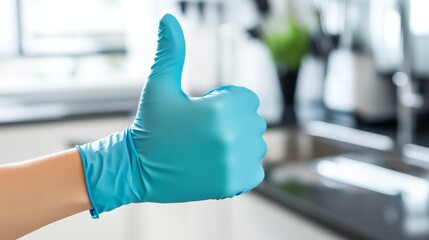 Woman gives thumbs up in clean kitchen while wearing protective glove, signaling approval and orderliness in a bright and tidy cooking space