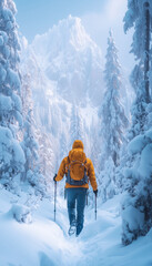 Lone hiker in yellow jacket walking with poles among snow-covered trees, gazing at snowy mountain. Majestic winter landscape highlights grandeur of nature&rsquo;s immense beauty and scale