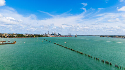 Aerial View of Auckland City Skyline from Omaha Bay Wharf, New Zealand