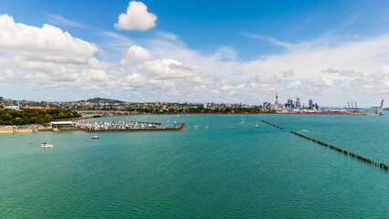 Aerial View of Auckland City Skyline from Omaha Bay Wharf, New Zealand