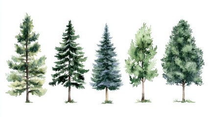 Vector watercolor trees in side view isolated on white background with a set of hand-drawn forest trees including pine and spruce