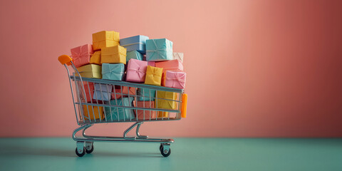 Shopping cart filled with colorful boxes stands against light pink background, creating bright composition. Soft pastel tones, gentle lighting, and subtle shadows enhance visual appeal for shopping