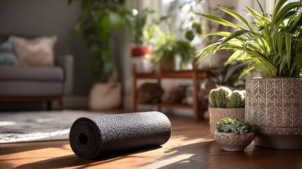 Yoga mat unrolled on wooden floor, surrounded by potted plants, sunlight