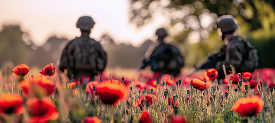 Cold morning light over vibrant poppy field in bloom, showcasing red flowers with detailed textures. Blurred silhouette of soldiers squad in uniforms, helmets and rifles contrasting beauty and duty.