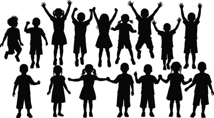 Children silhouette, playful kids, unity concept, diverse group, black figures, jumping children, holding hands, childhood joy, teamwork, inclusive design, community theme