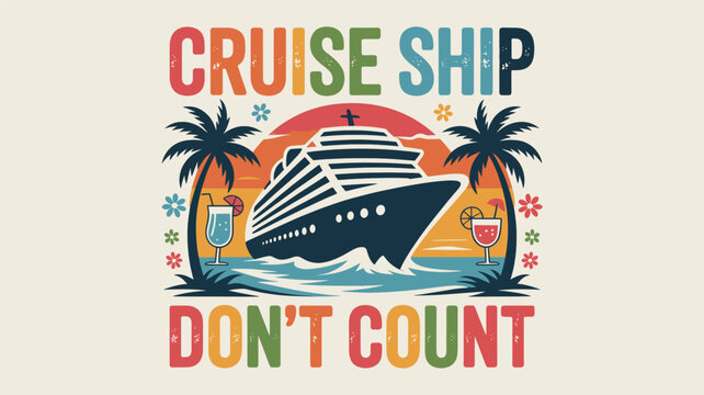 Cruise ship tropical paradise journey with palm trees, cocktails and sunset colors Vector - Powered by Adobe