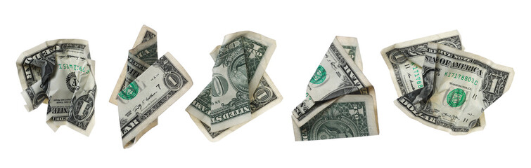 Set one dollar bill flying, crumpled and folded banknote isolated on white background, clipping path